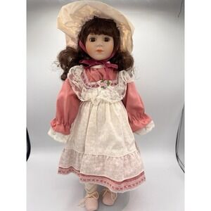 Vintage ANCO Adorable Memories 15" Porcelain Doll Brown Hair Pink Dress & Stand